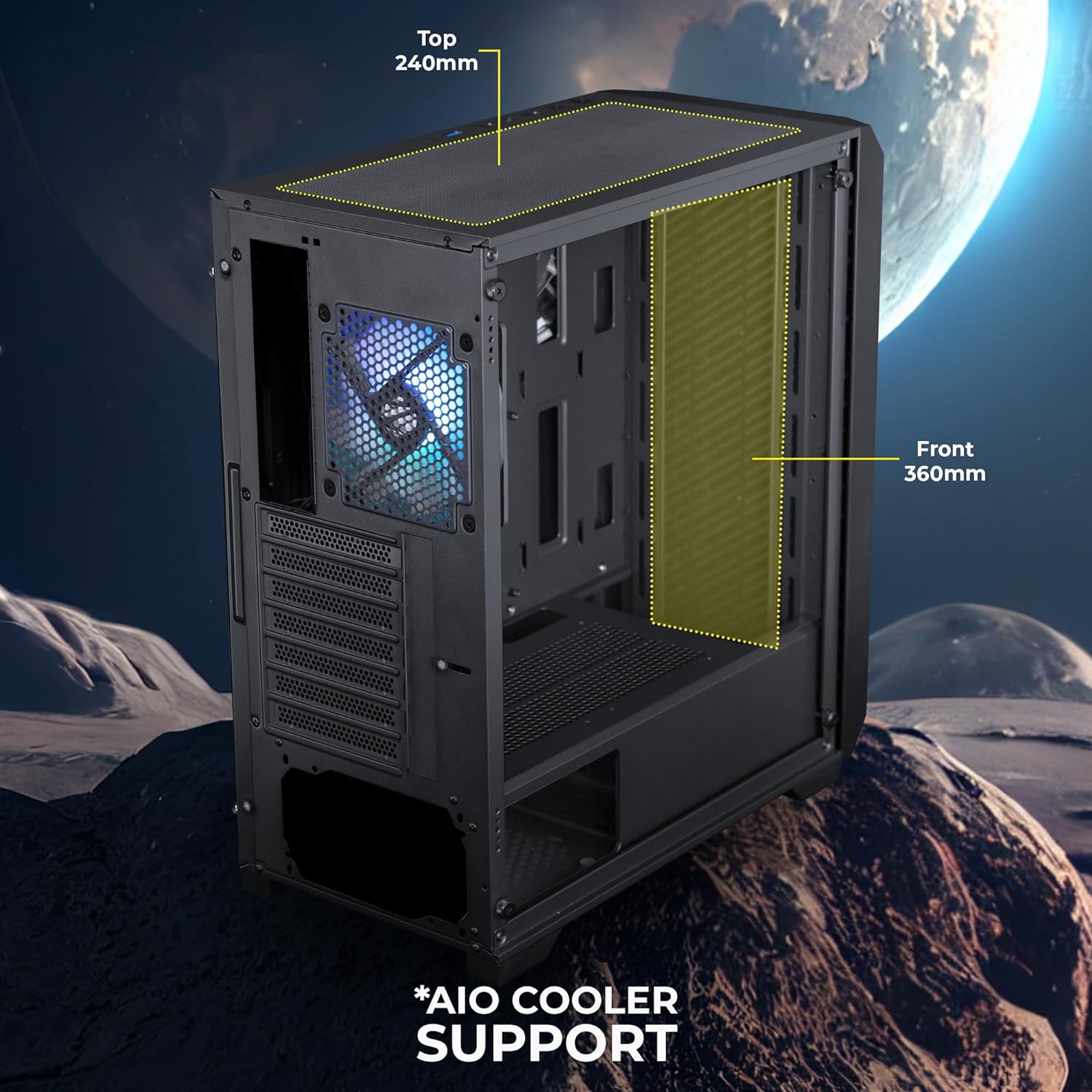 Zebronics Voxel Mid-Tower Premium Gaming Cabinet/ ATX/ ARGB Rear Fan/ LED Control Switch/ Tempered Glass Panel/ USB 3.0/ 360mm Front or 240mm Top AIO Cooler support with Top and Bottom Dust Filter - Image 3