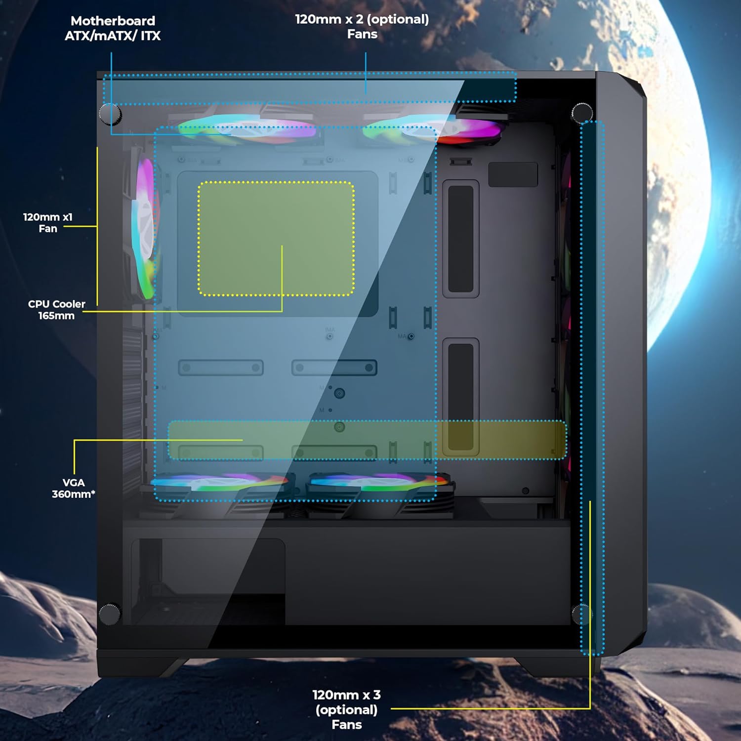 Zebronics Voxel Mid-Tower Premium Gaming Cabinet/ ATX/ ARGB Rear Fan/ LED Control Switch/ Tempered Glass Panel/ USB 3.0/ 360mm Front or 240mm Top AIO Cooler support with Top and Bottom Dust Filter - Image 4