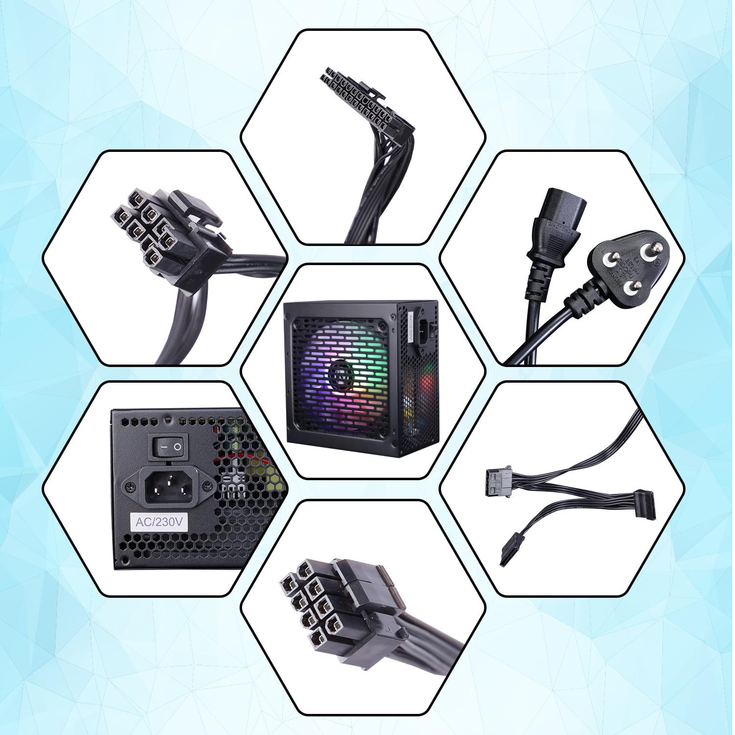 Zebronics VS500Z 500W Non Modular Premium Power Supply with Silent 120mm RGB Fan, Long Flat Cables, PCIe x 1, SATA x 4, 12V 32A (Max.), Over Voltage/Short Circuit Protection (Black) - Image 5