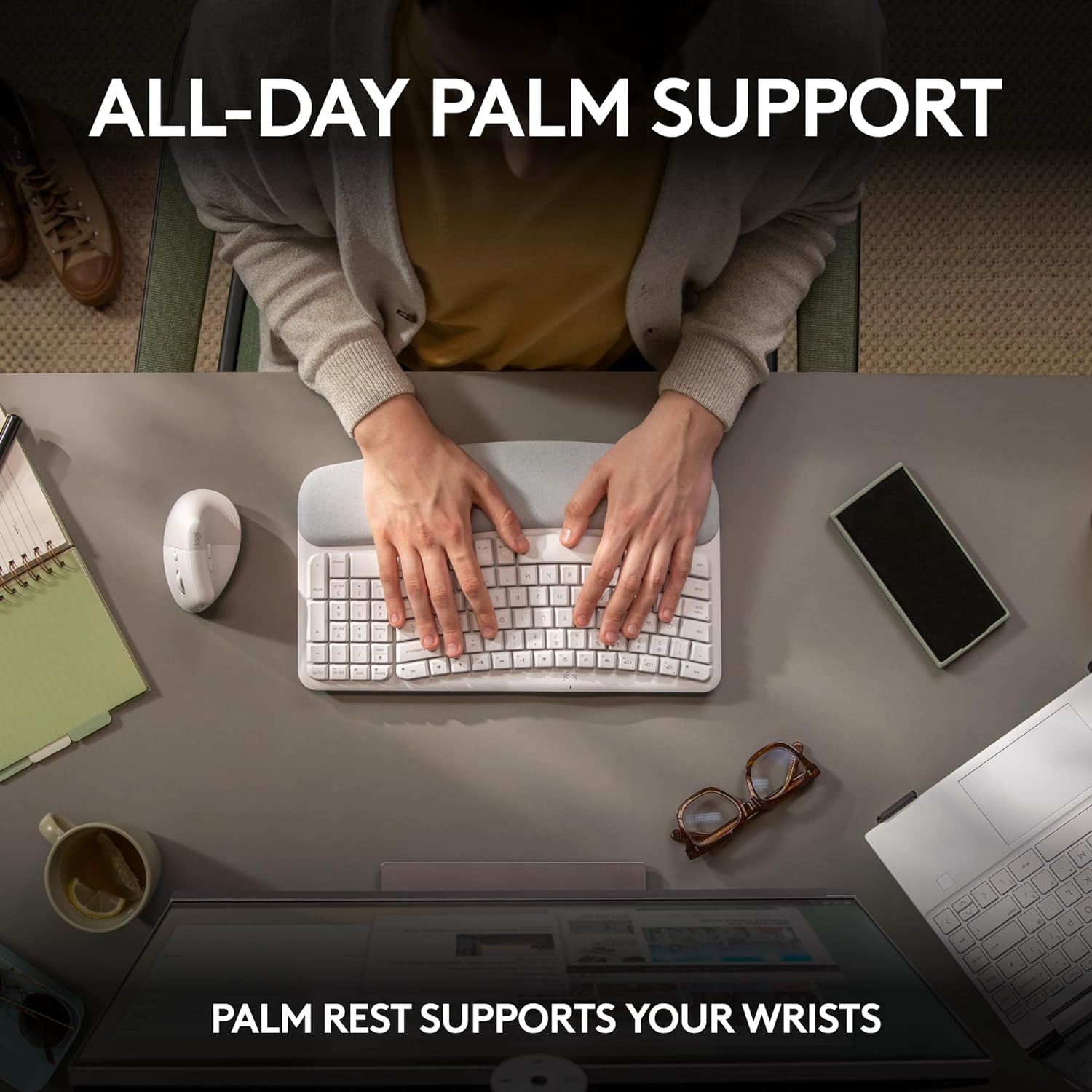 Logitech Wave Keys Wireless Ergonomic Keyboard with Cushioned Palm Rest, Comfortable Natural Typing, Easy-Switch, Bluetooth, Logi Bolt Receiver, for Multi-OS, Windows/Mac - Off White - Image 4