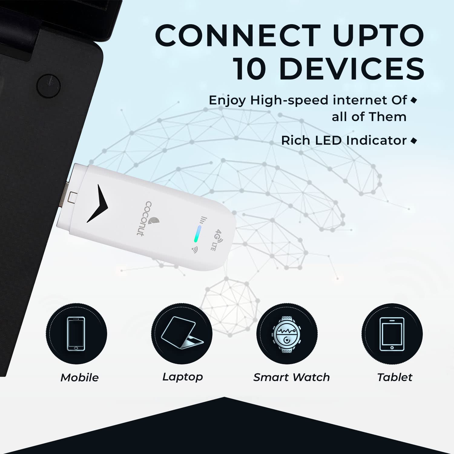 Coconut Konnect 4G Dongle for All Sims (Airtel, Jio, BSNL, Vodafone) - Dual Band 2.4 GHz & 5 GHz 4G Data Card with SIM Adapter (White) - Image 4