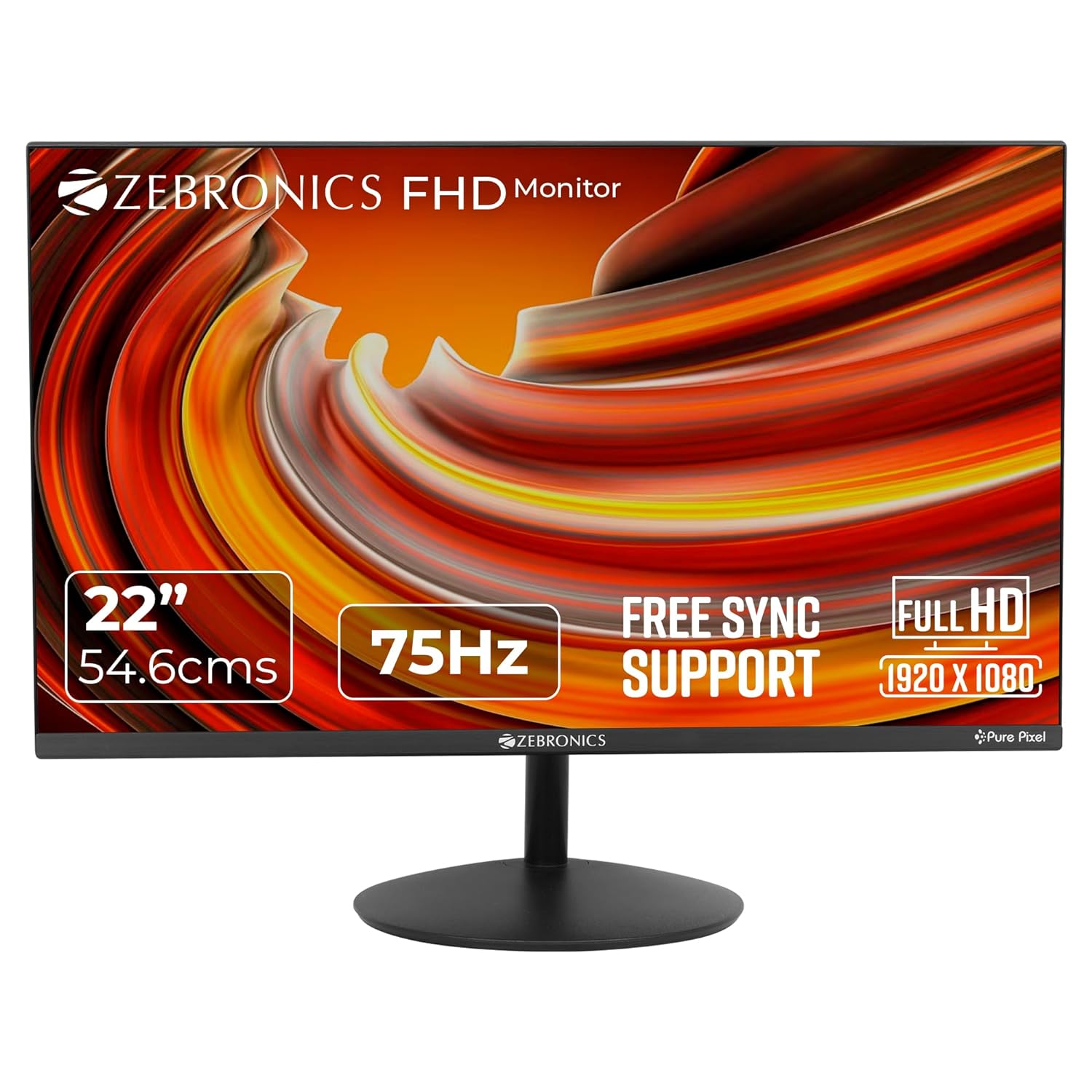 ZEBRONICS 22 inch 75Hz Monitor with FHD 1080p/ Free sync Support/ HDMI/ VGA/ 250 Nits max/ 16.7M Colors/ Built-in Speakers & Slim Bezel Less Design ZEB-S22A