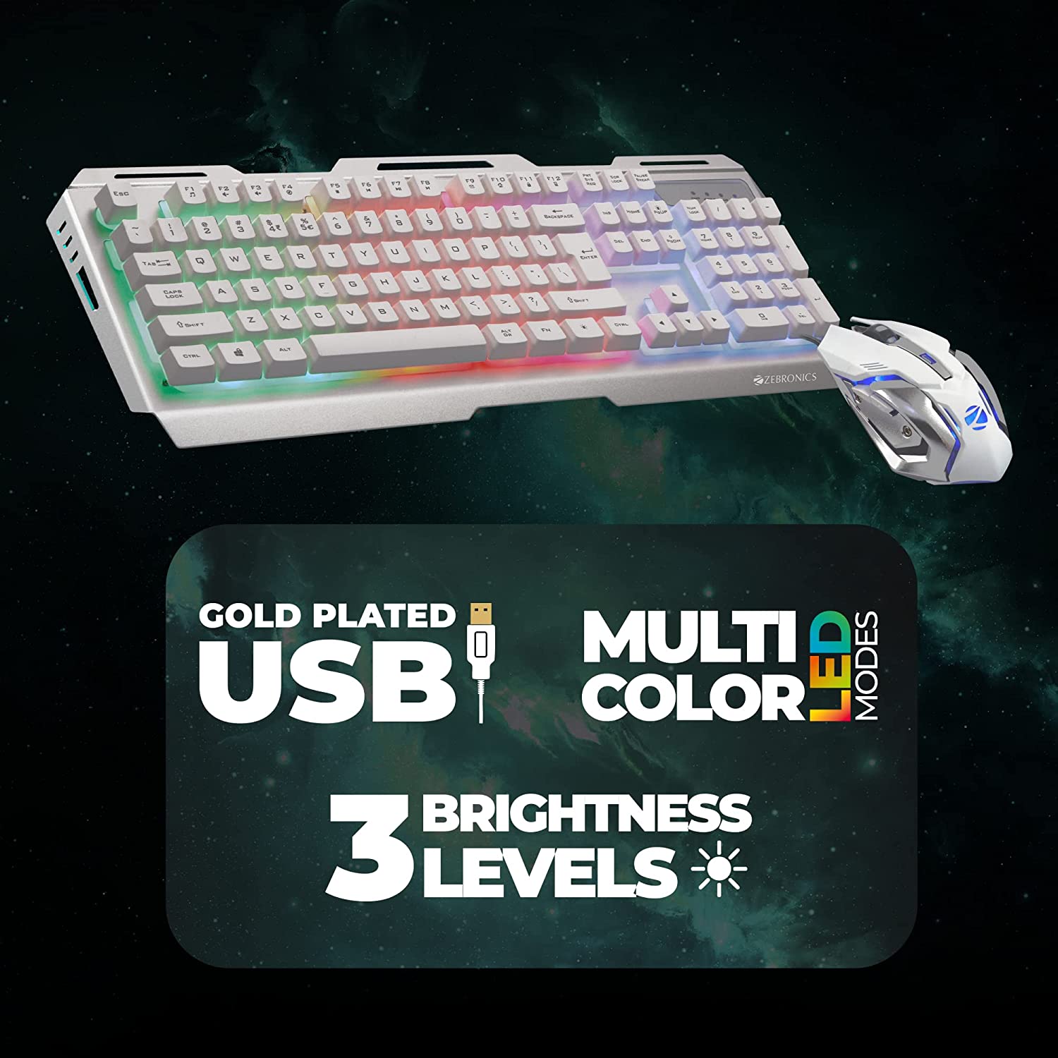 Zebronics Zeb-Transformer USB Gaming Keyboard and Mouse Set (USB, Braided Cable) White with Silver - Image 2