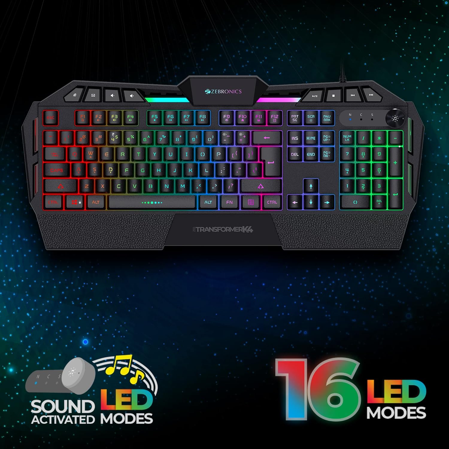 Zebronics Zeb-Transformer K4 Gaming Keyboard with 16 RGB Led Modes, 112 Keys, Multimedia, Hotkeys, 1.8 Meter Braided Cable, Double Injection Backlit Keycaps, Control Knob and Gold Plated USB (Black) - Image 2