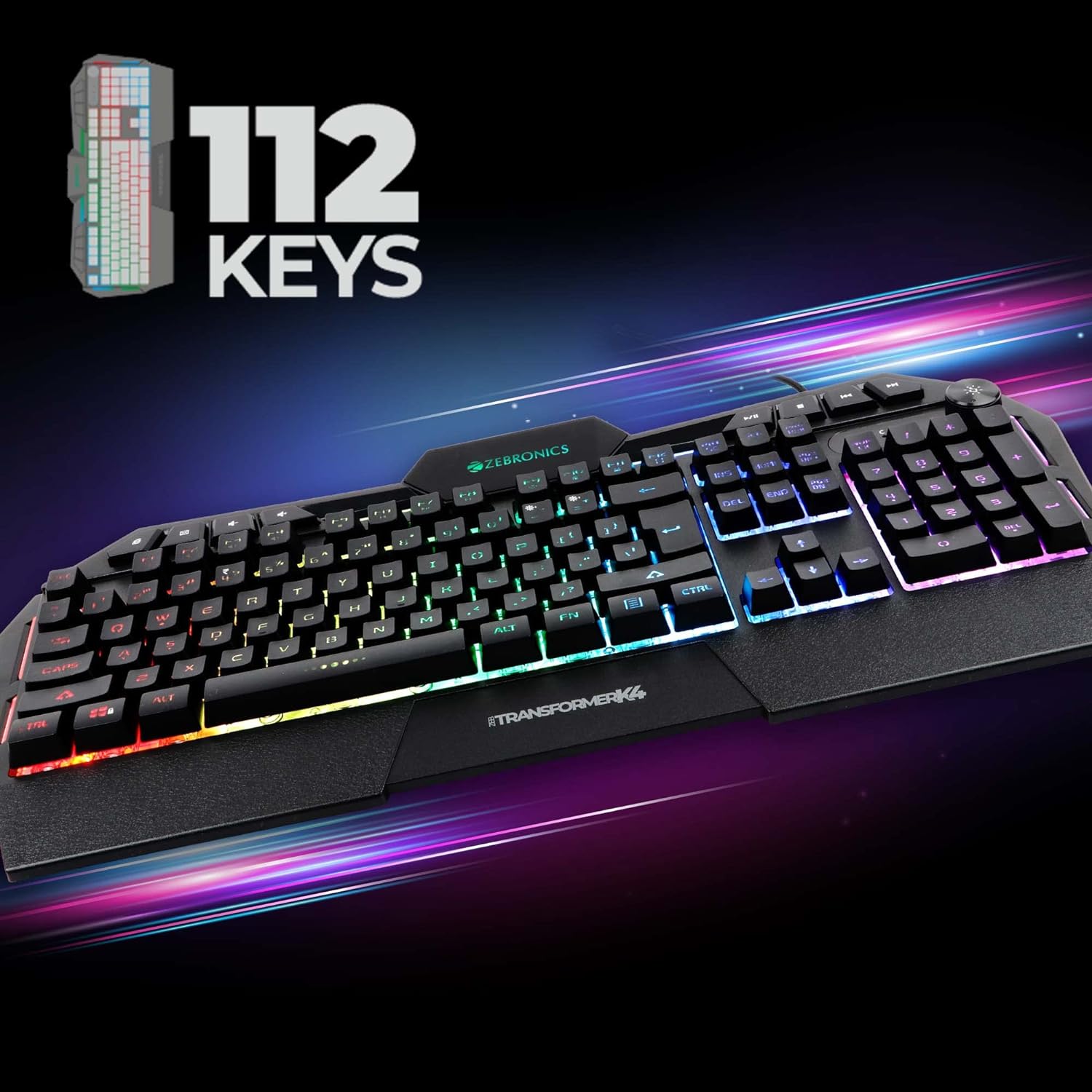Zebronics Zeb-Transformer K4 Gaming Keyboard with 16 RGB Led Modes, 112 Keys, Multimedia, Hotkeys, 1.8 Meter Braided Cable, Double Injection Backlit Keycaps, Control Knob and Gold Plated USB (Black) - Image 4