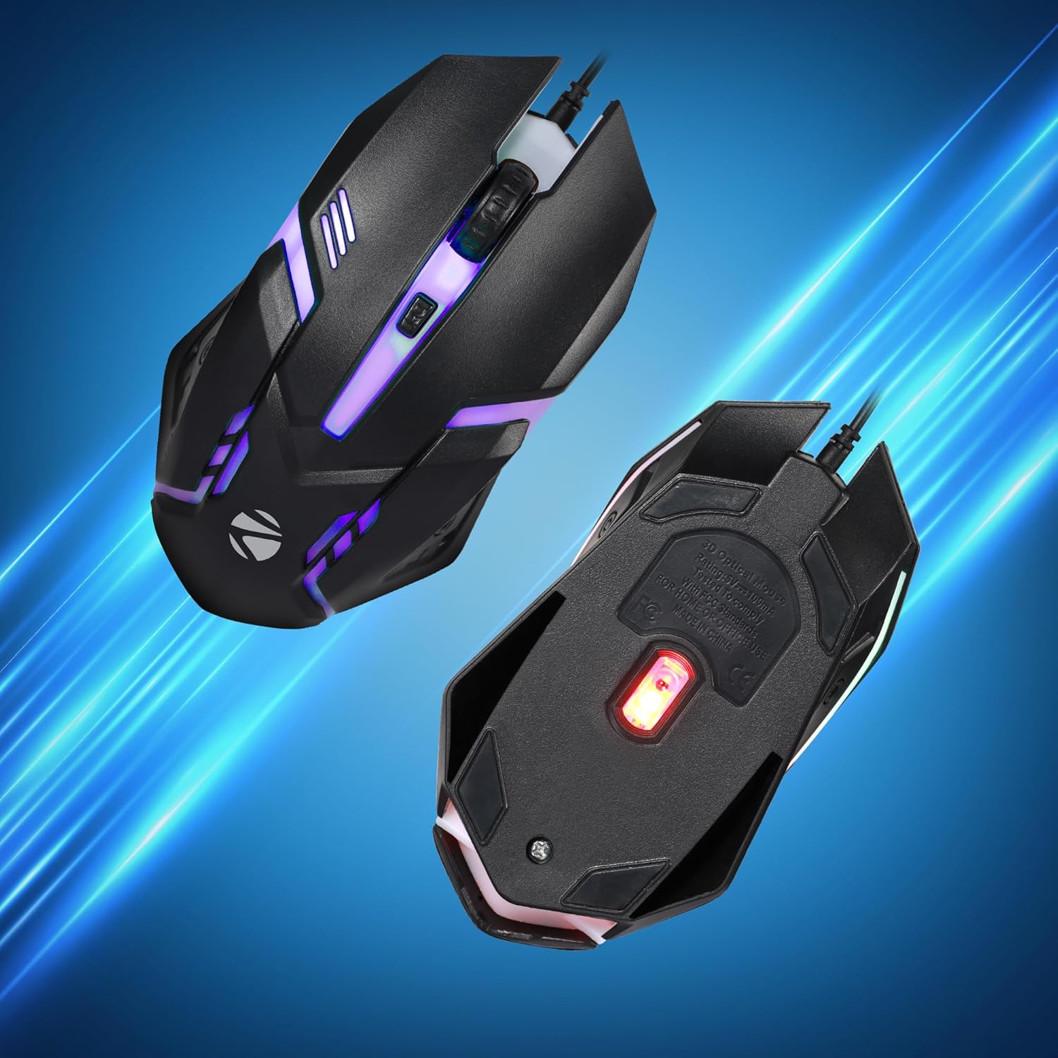 Zebronics Uzi High Precision Wired Gaming Mouse with 4 Buttons, Rainbow LED Lights, DPI Switch with 800/1200/1600/2400 DPI, Plug and Play, 3 Million clicks, Lightweight Mouse - Image 2