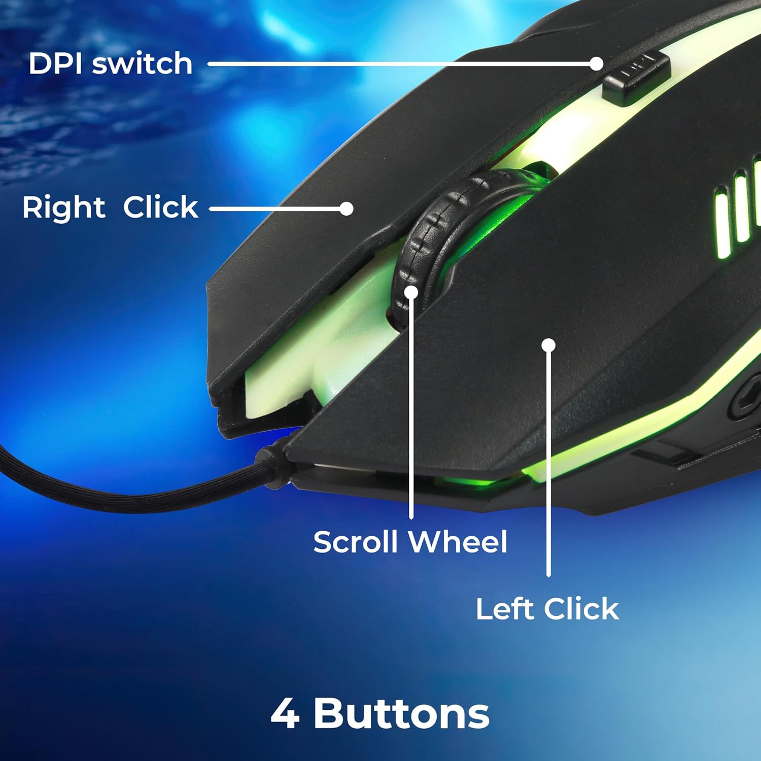 Zebronics Uzi High Precision Wired Gaming Mouse with 4 Buttons, Rainbow LED Lights, DPI Switch with 800/1200/1600/2400 DPI, Plug and Play, 3 Million clicks, Lightweight Mouse - Image 5