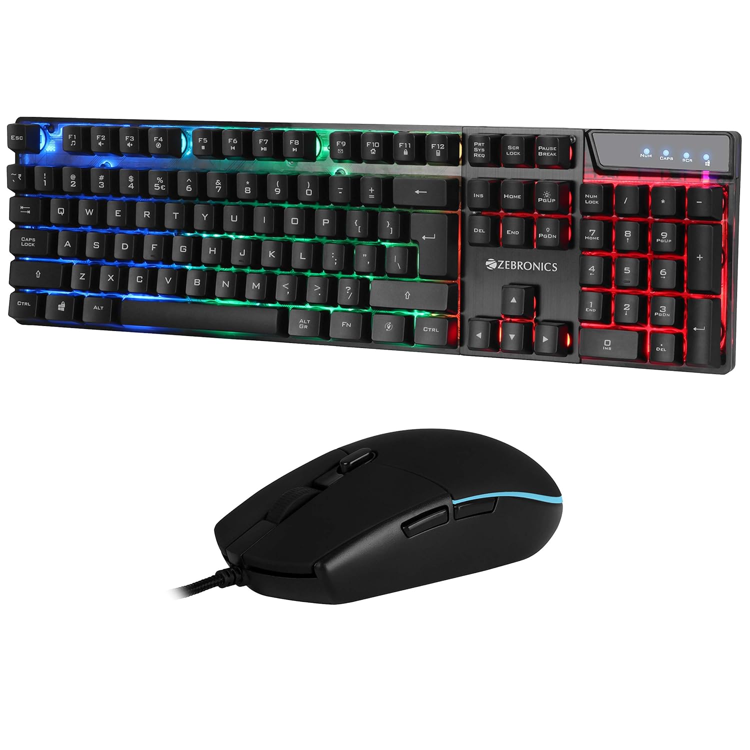 Zebronics War Gaming Keyboard and Mouse Combo, Gold Plated USB, Braided Cable, Multicolour LEDs/Gaming Mouse with breathing LEDs and 3200 DPI