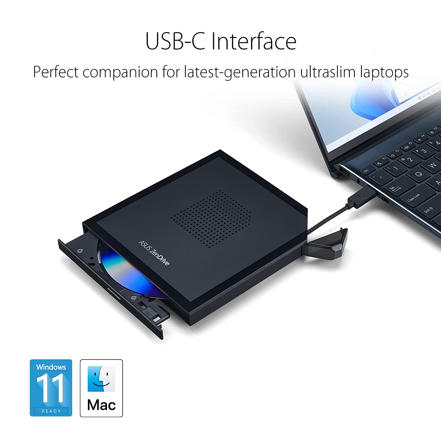 Asus ZenDrive V1M External DVD Drive and Writer with Built-in USB-C Cable (SDRW-08V1M-U) - Image 2