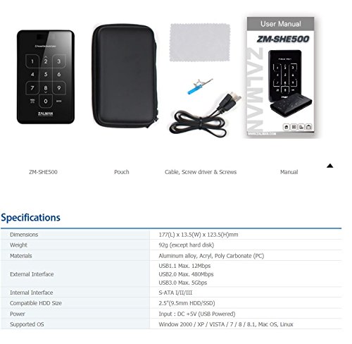 Zalman ZM-SHE500 4~8 Digit PIN Password Encrypted 2.5" External HDD Enclosure (USB 3.0) - Image 5