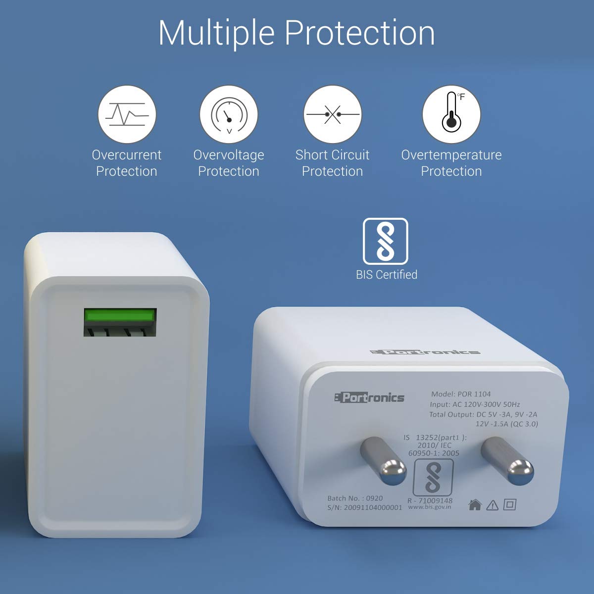 Portronics Adapto One 3A Quick Charger with Type C Cable, Single USB Port - White (POR 1104) - Image 2