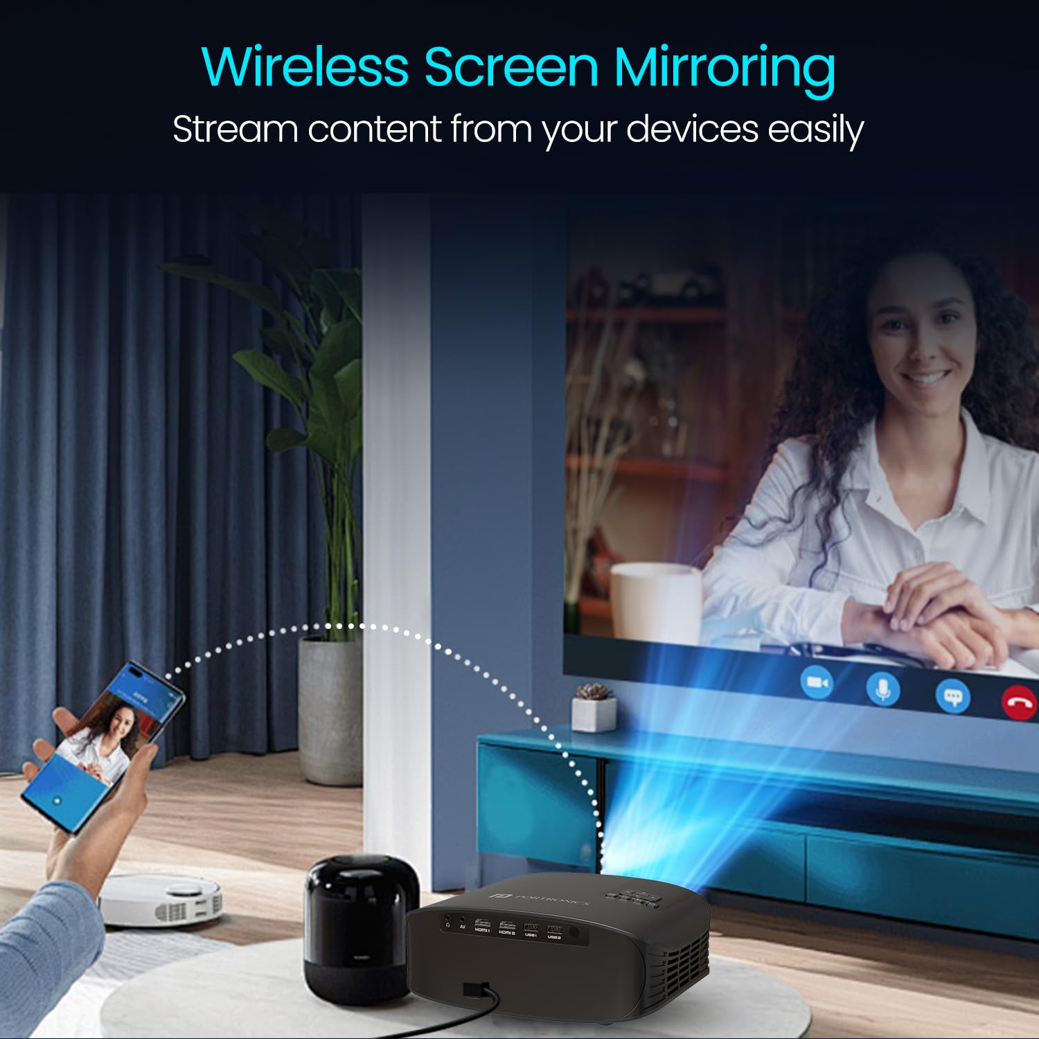 Portronics Beem 490 Smart LED Projector with 1080p Full HD, Streaming Apps (Netflix, Prime Video, Hotstar), Automatic Focus, Auto Keystone Correction, 6000 Lumens, Bluetooth, Wi-fi, 5W Speaker (Grey) - Image 3