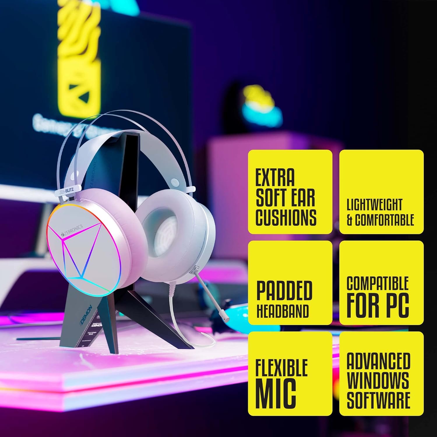 ZEBRONICS Zeb-Blitz USB Gaming Wired On Ear Headphones with Mic with Dolby Atmos/ RGB Led/ Windows Software/ Simulated 7.1 Surround Sound/ 2.4 Meter Braided Cable Flexible Padded Ear Cushions (White) - Image 2