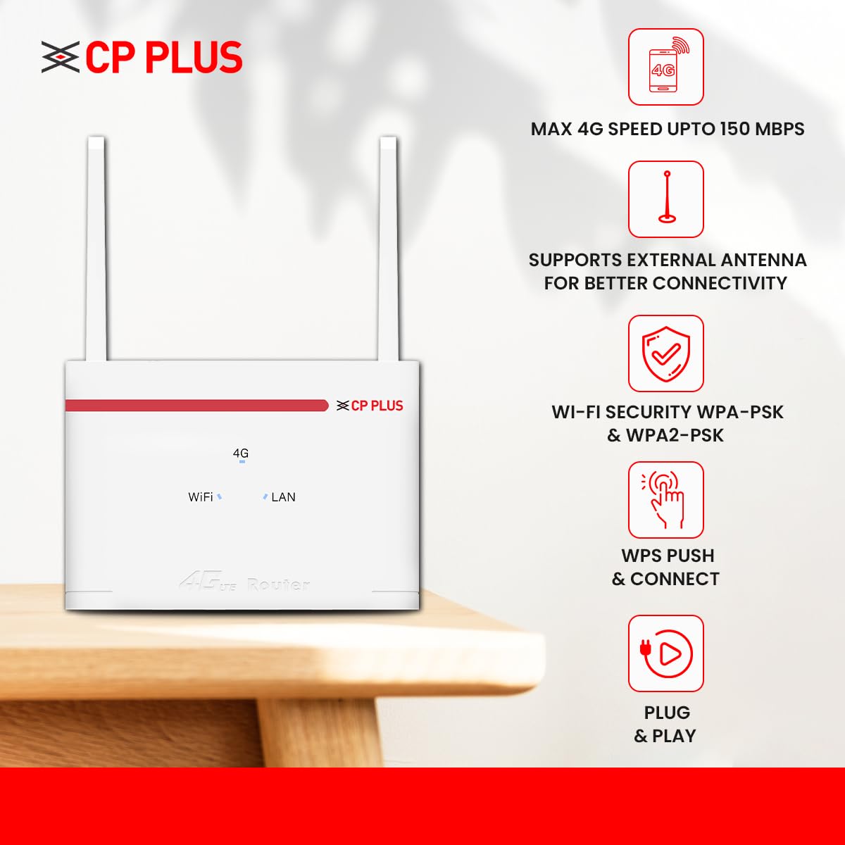 CP Plus 4G LTE Wi-Fi Router (CP-XR-DE21-S) - High Speed 4G Internet & Wider Wi-Fi Coverage upto 10m | Support External Antenna | Support Reset, WPS Button - Image 2