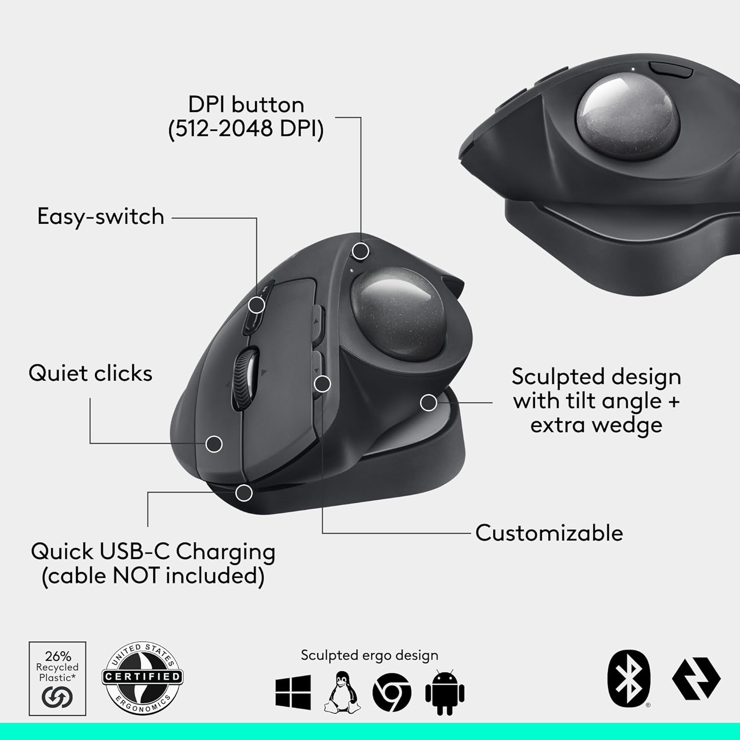 Logitech MX Ergo S Advanced Wireless Trackball Mouse, USB-C Rechargeable Wireless Ergonomic Mouse with Bluetooth and Encrypted Dongle, 6 Programmable Buttons, for PC/ Mac - Image 5