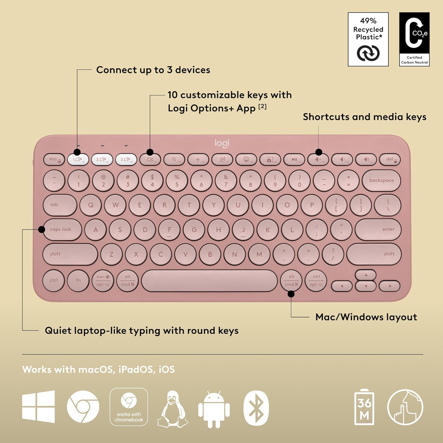 Logitech Pebble Keys 2 K380s, Multi-Device Bluetooth Wireless Keyboard with Customisable Shortcuts, Slim and Portable, Easy-Switch for Windows, macOS, iPadOS, Android, Chrome OS - Tonal Rose - Image 7