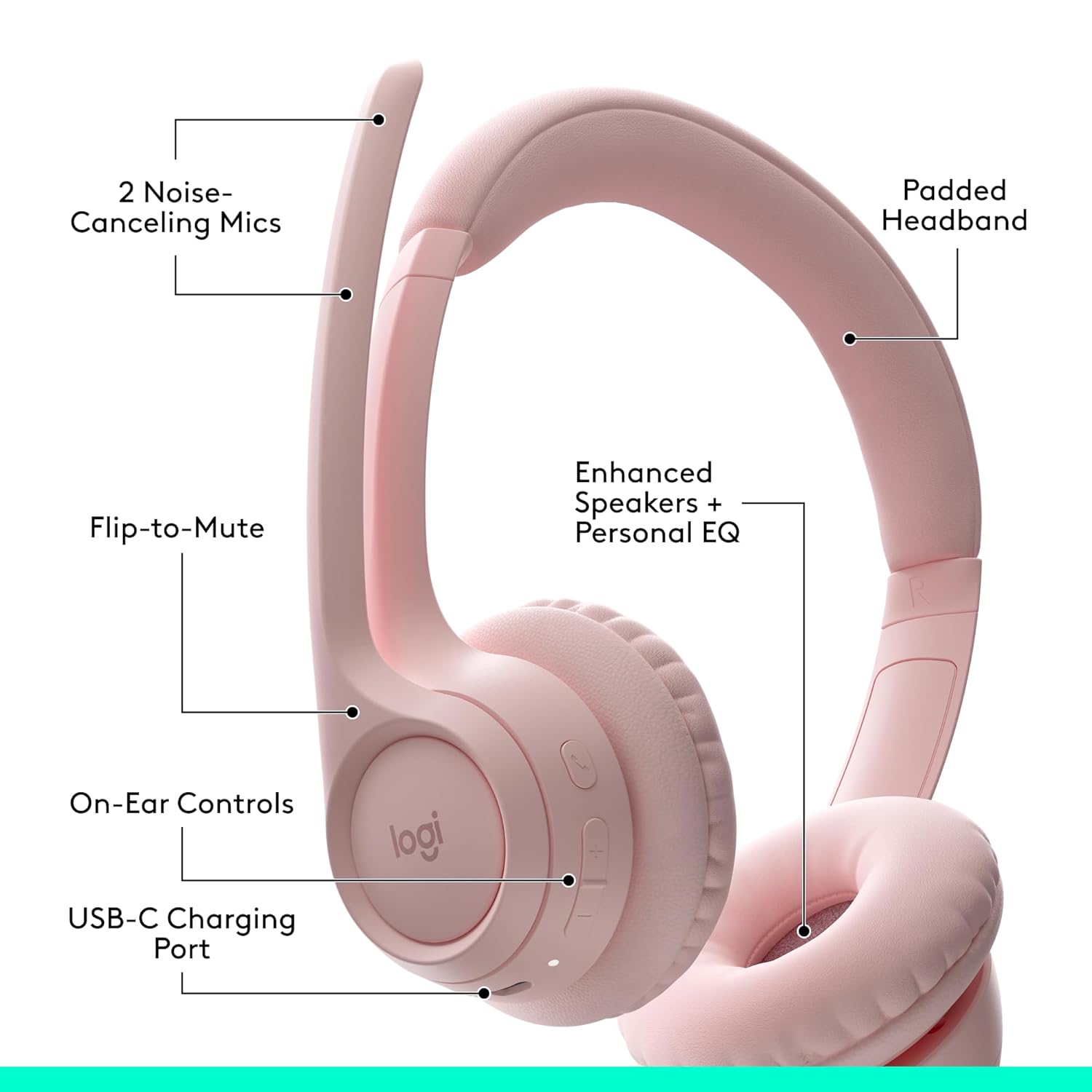 Logitech Zone 300 Wireless Bluetooth Over Ear Headset with Noise-Cancelling Microphone, Compatible with Windows, Mac, Chrome, Linux, iOS,iPados, Android - Rose - Image 5